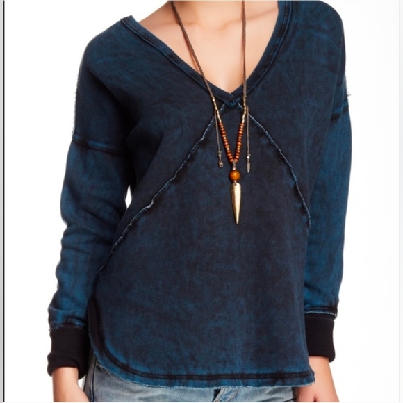 Free People Tops - Free People Westeros Pullover V-neck Oversized Sweatshirt, Indigo Blue, Small